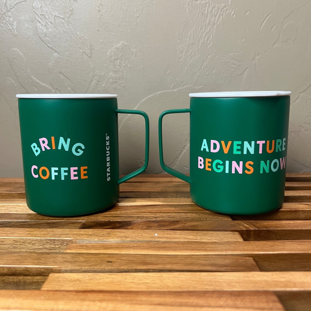 Starbucks 12oz Green Stainless Steel Camp Mug Set Bring Coffee Adventure 2pk